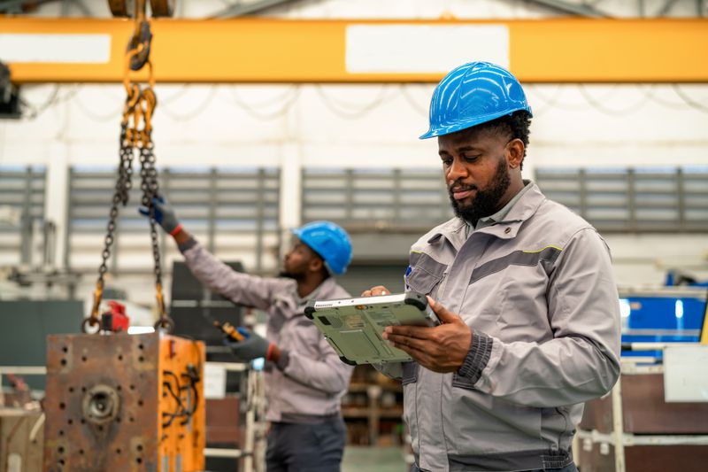 A factory worker uses a digital tablet