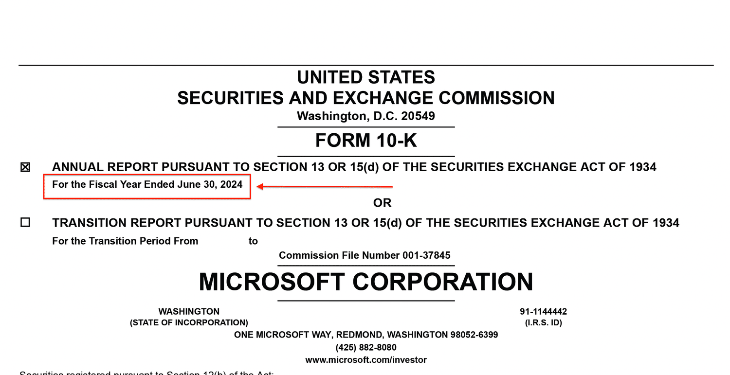 MSFT's 10-K, showing when its fiscal year ends.