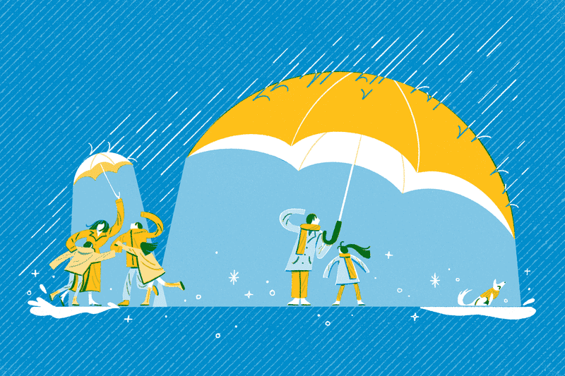 Illustration of families splashing in puddles, covered by yellow umbrellas.