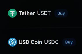 Logos of stablecoins Tether (USDT) and USD Coin (USDC) on a computer screen
