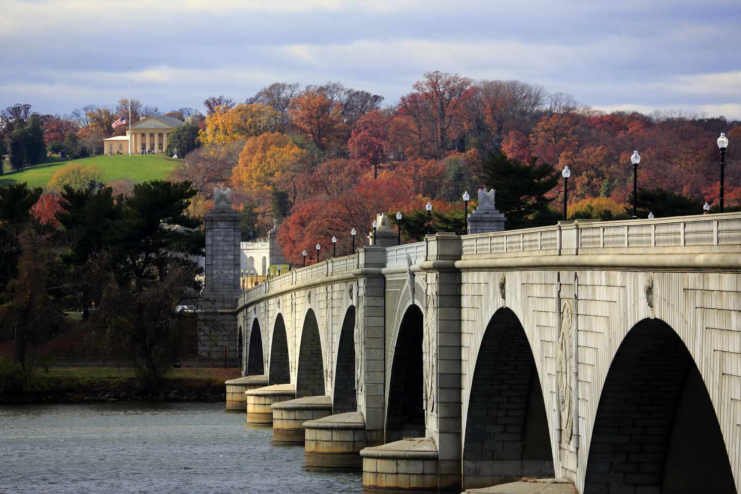 Arlington Memorial Bridge with Arlington House in Arlington National Cemetery in background.