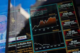 Television graphics are seen in the window of Nasdaq headquarters in Times Square, as Nasdaq fell nearly 4 percent this morning on January 27, 2025 in New York City.