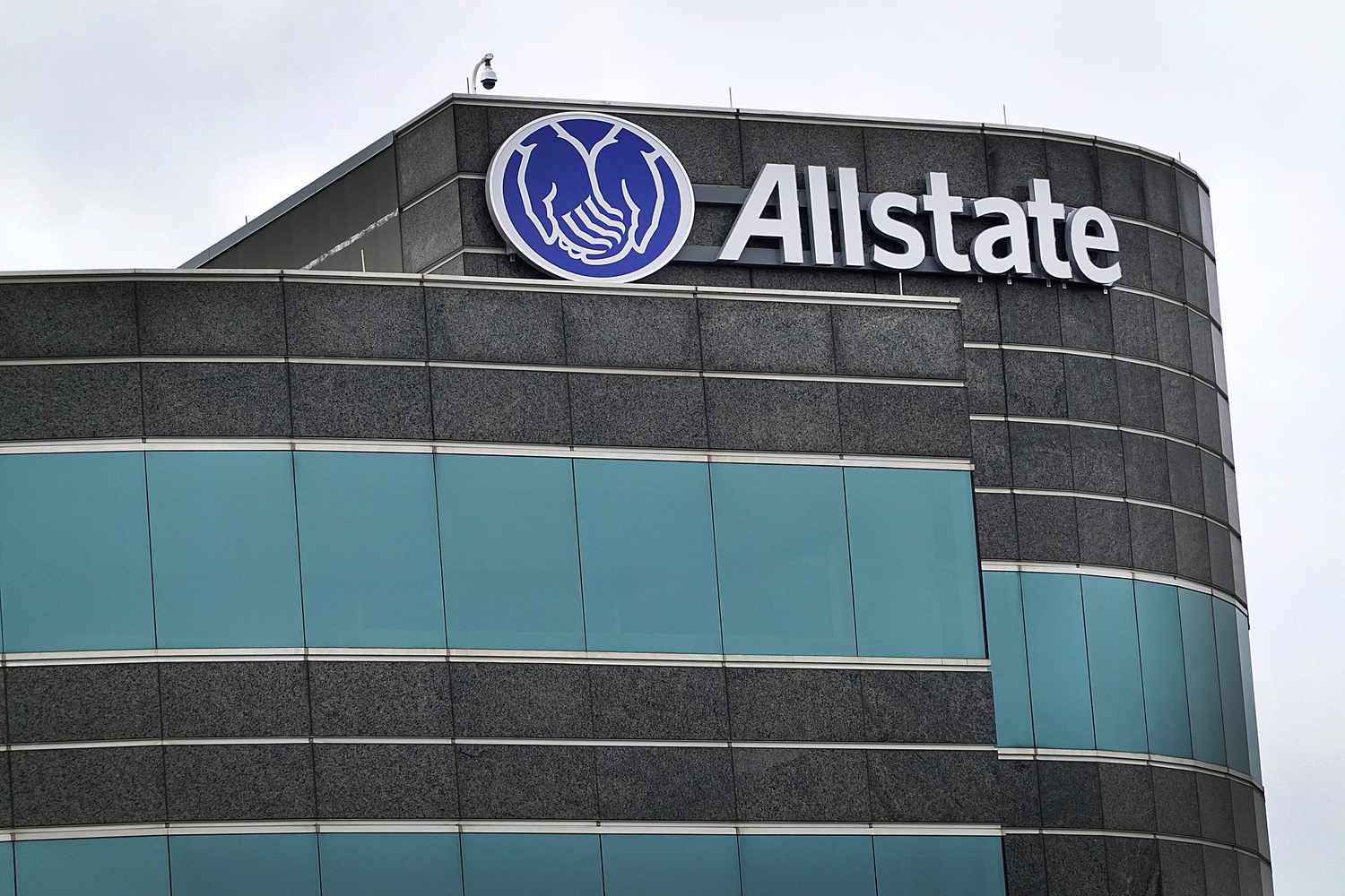 A sign hangs above the Allstate corporate offices on February 7, 2024 in Northbrook, Illinois