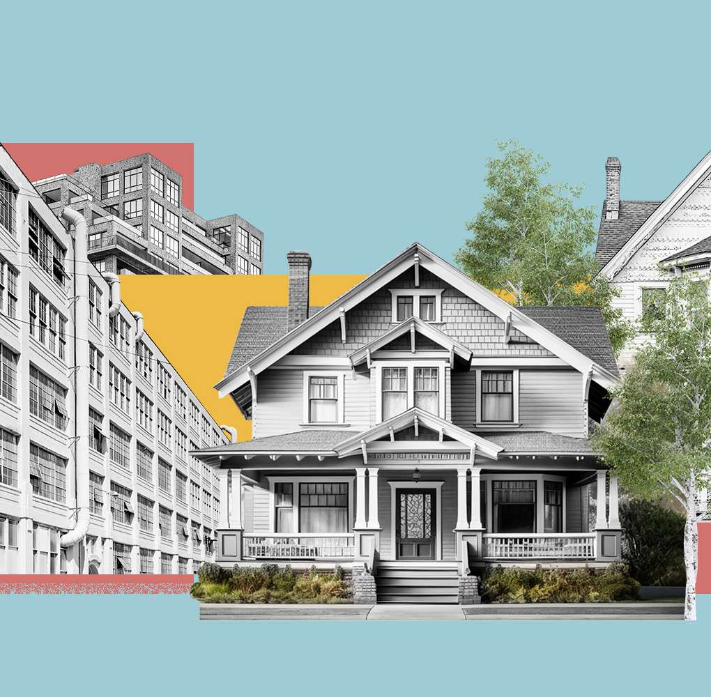 Collage of houses against a light blue backdrop.