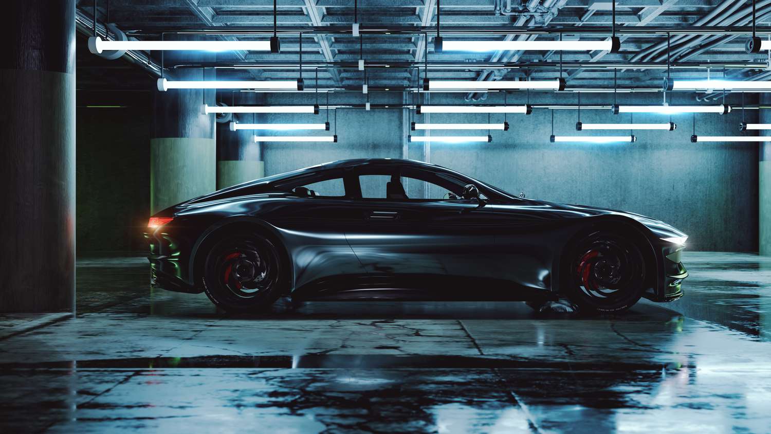 A modern sports car is parked inside a dimly lit, empty garage 