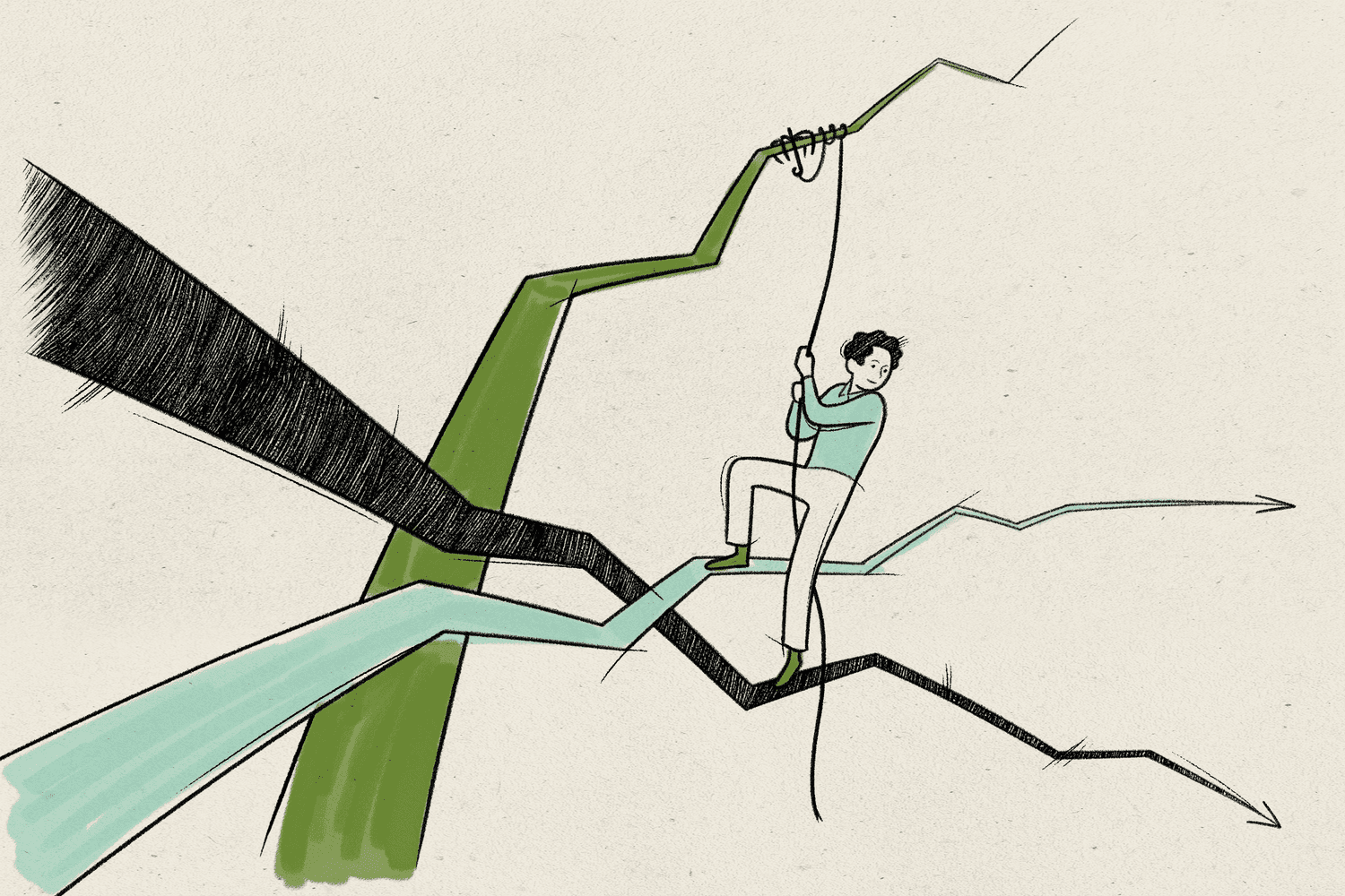 Illustration of a man on a rope, climbing a tree.