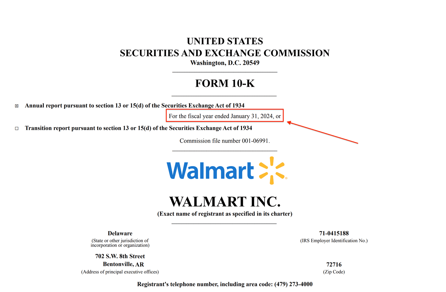Walmart's 10-K shows a fiscal year that ends Jan. 31.