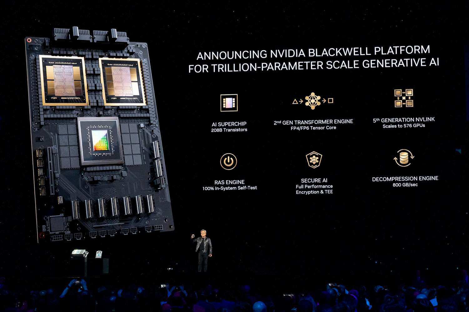 Jensen Huang, co-founder and chief executive officer of Nvidia Corp., displays the new BlackwellGPU chip during the Nvidia GPU Technology Conference (GTC) in San Jose, California, US, on Monday, March 18, 2024.