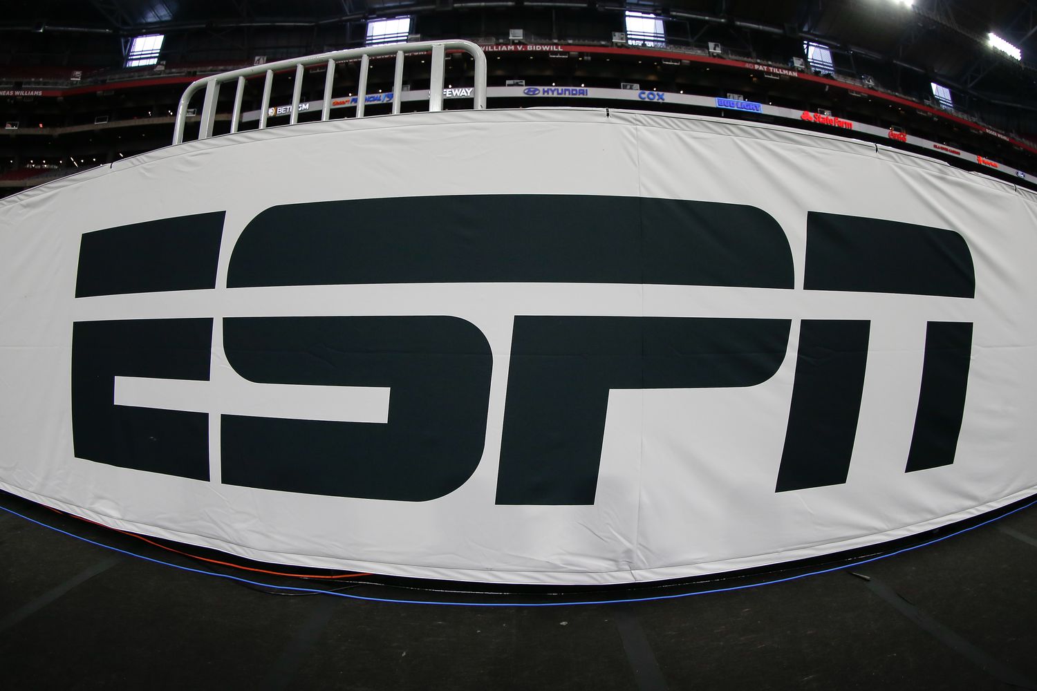  ESPN logo before the VRBO Fiesta Bowl college football national championship semifinal game between the Michigan Wolverines and the TCU Horned Frogs on December 31, 2022 at State Farm Stadium in Glendale, Arizona.