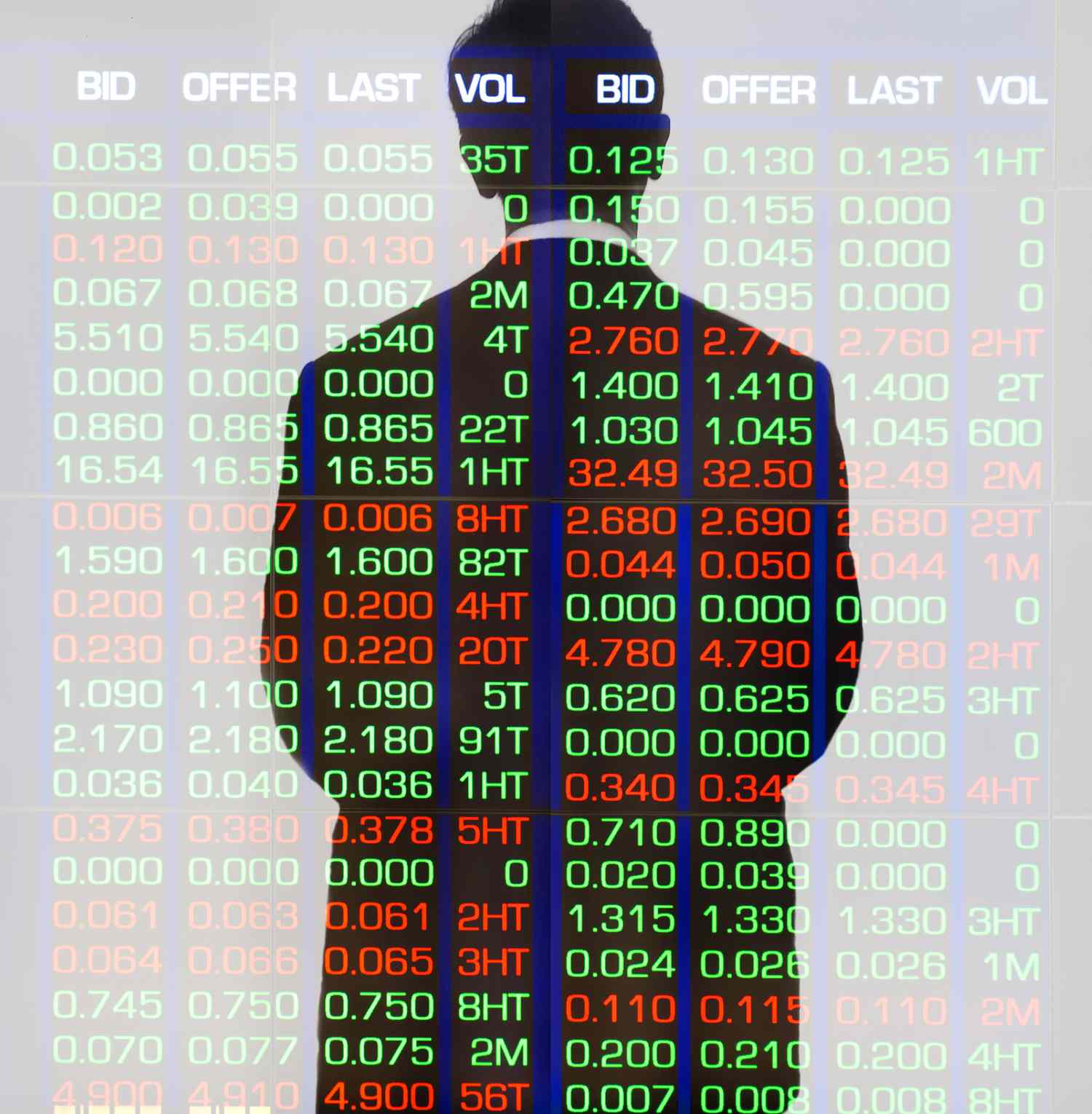 Businessperson in a silouette standing against a stock market display.