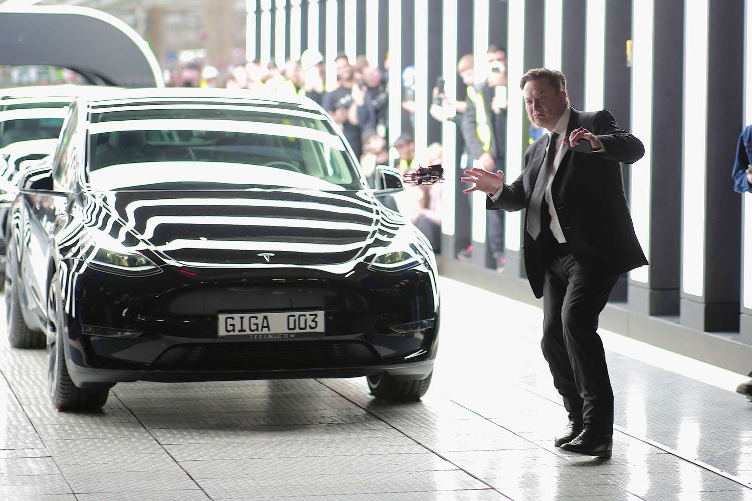 Elon Musk strikes a pose next to a Tesla car while people look on
