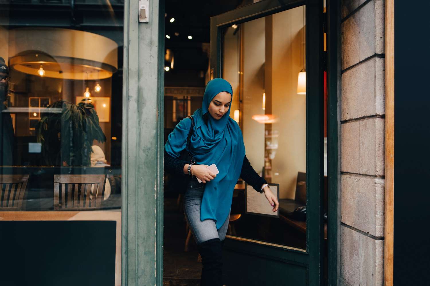 Woman leaving a store