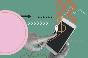 A hand pointing at a smartphone screen with abstract graphics, including arrows, lines, and shapes symbolizing financial concepts.