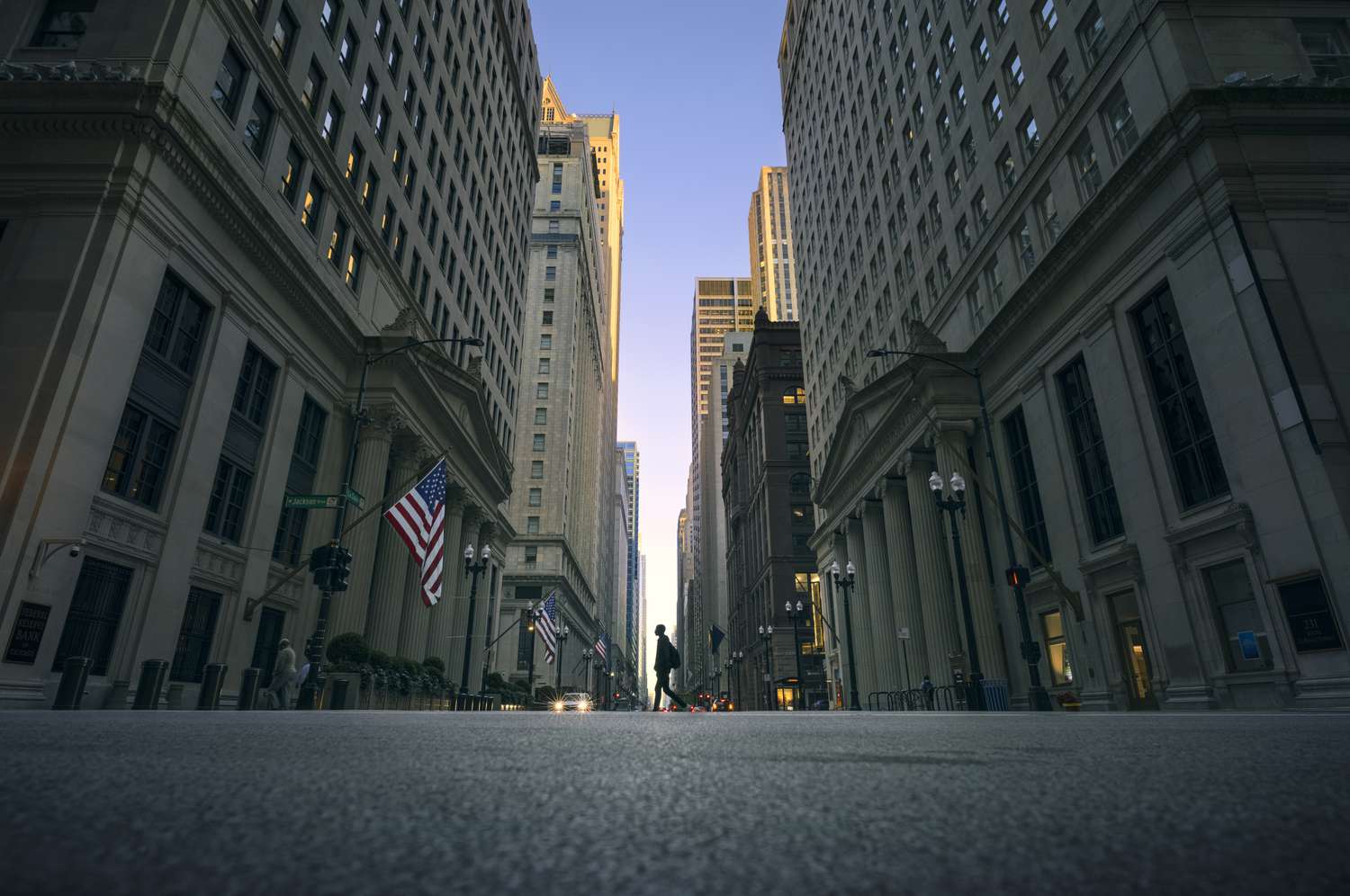 The Federal Reserve Bank of Chicago on the left, with a view down the street where other financial institutions are located.