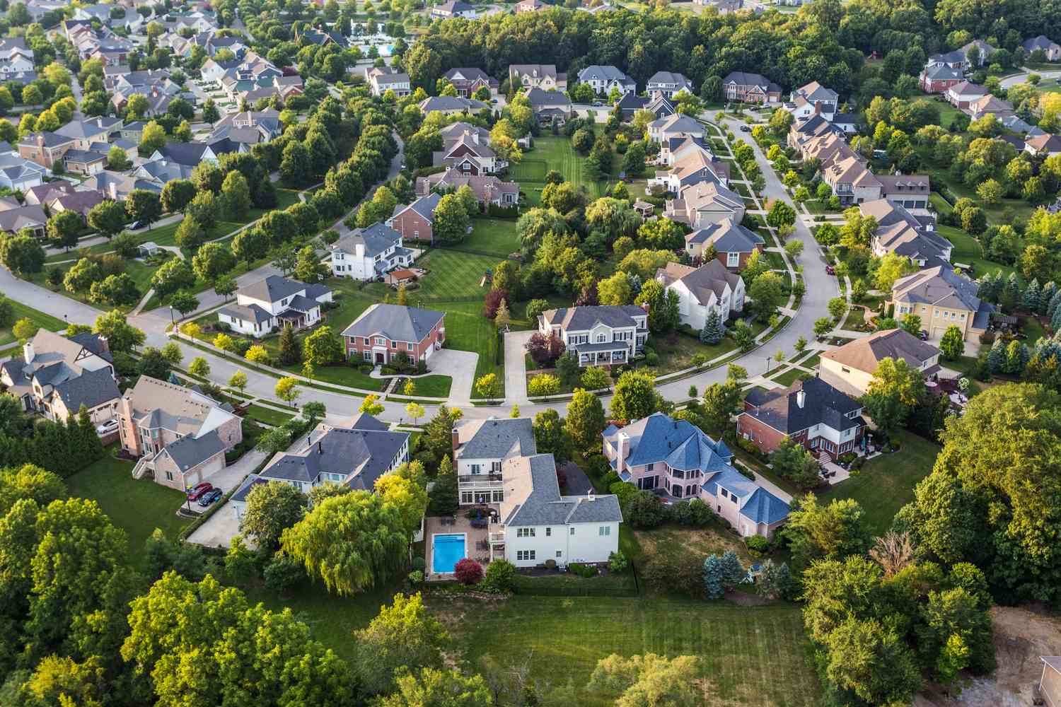 Aerial view of wealthy neighborhood.