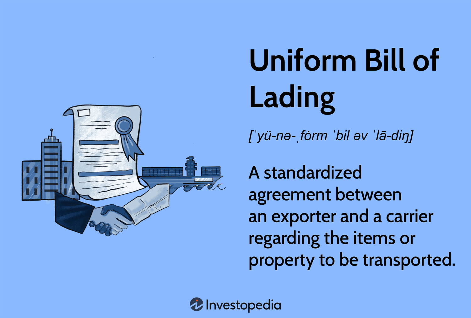 Uniform Bill of Lading: A standardized agreement between an exporter and a carrier regarding the items or property to be transported.