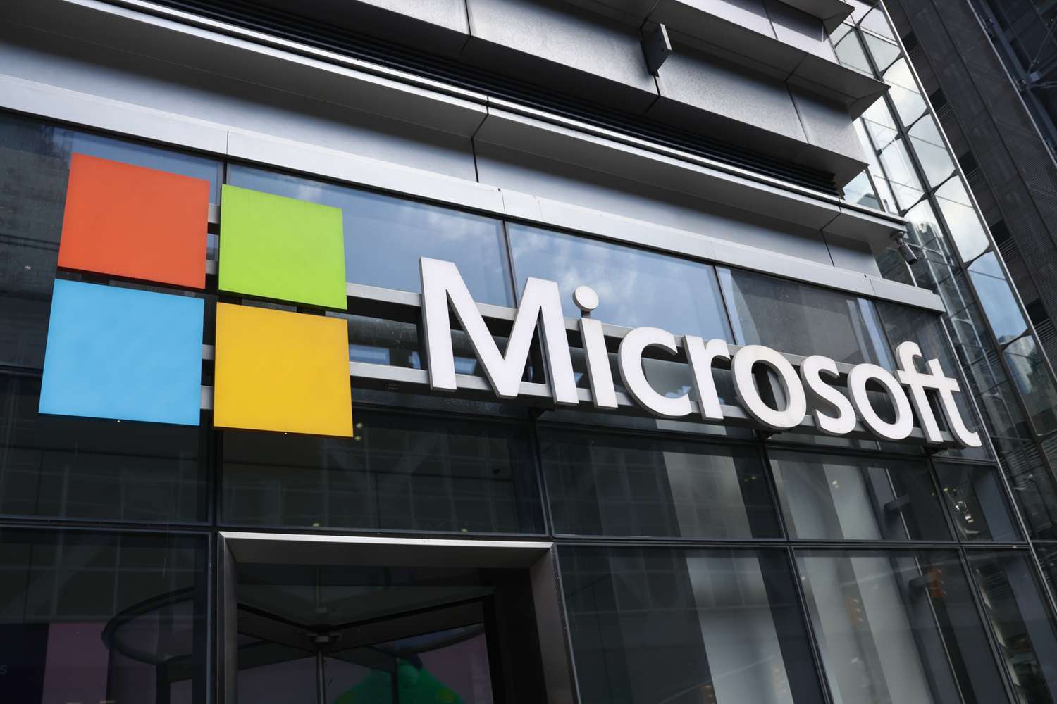 The Microsoft logo on display at a company location.