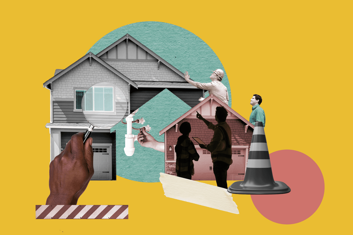 Collage of a house home inspection against a yellow background.