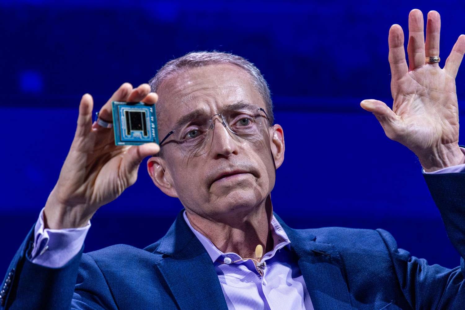 Intel CEO Pat Gelsinger holds an artificial intelligence processor as he speaks during the Computex conference in Taipei, Taiwan, on June 4, 2024