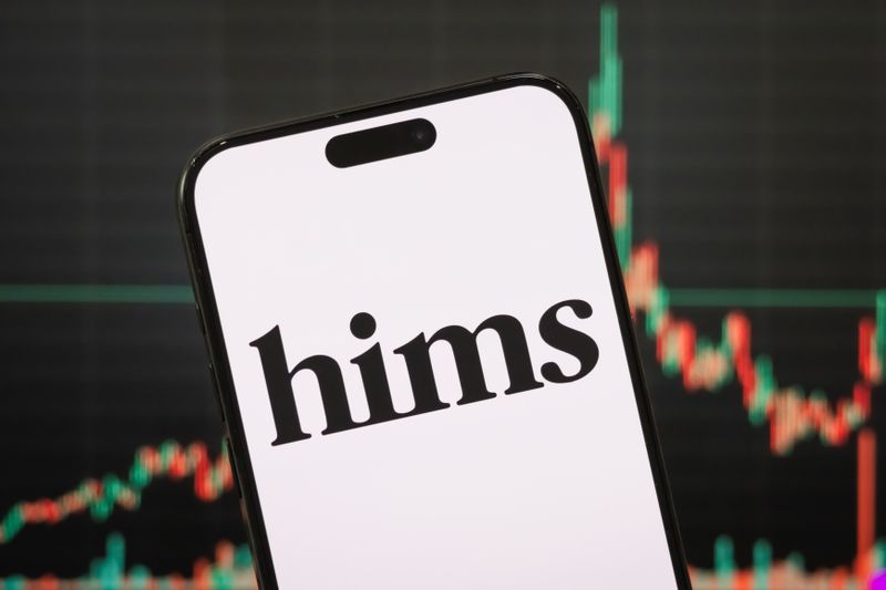 The logo of Hims & Hers Health, Inc. is displayed on a smartphone screen, with the company's stock market performance and candlestick chart visible in the background