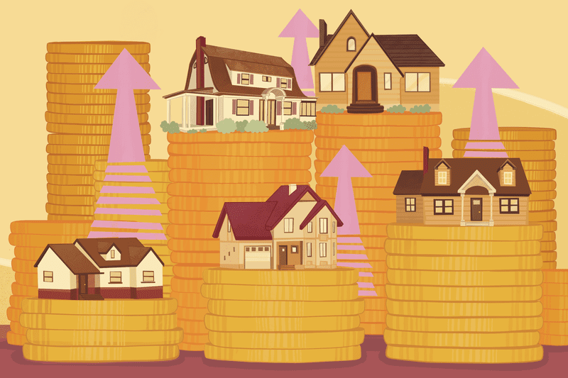 Illustration of different types of homes sitting on top of coins. There are arrows indicating that some homes are more expensive than others.