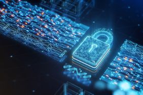 Digital security padlock with encrypted binary code on abstract circuit board