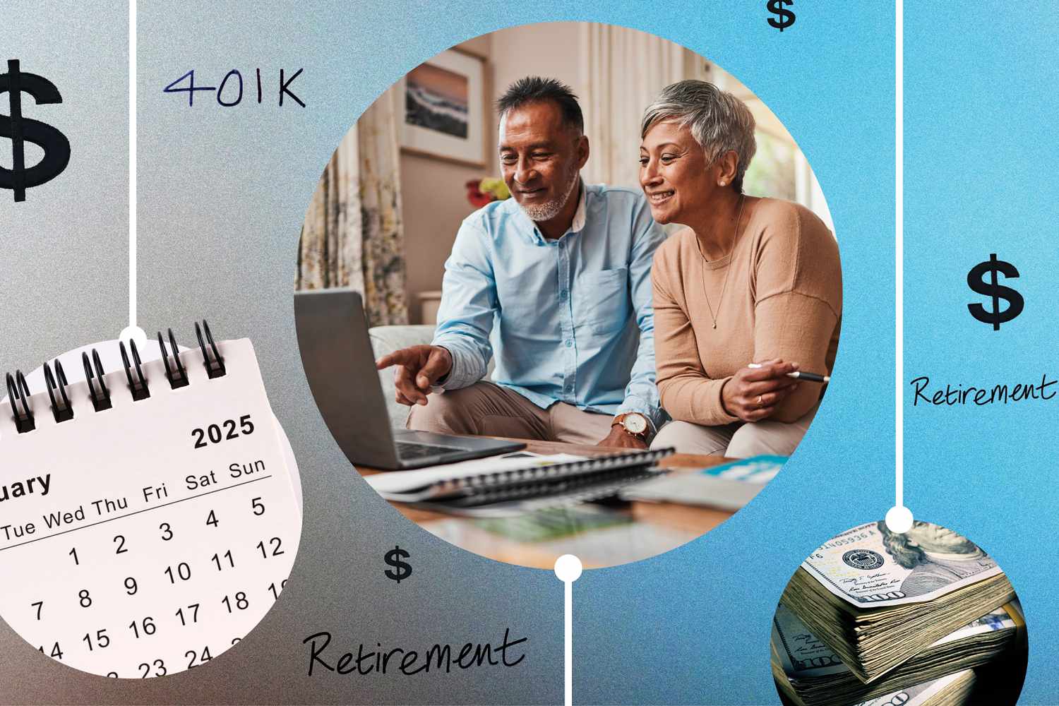 illustration showing a couple thinking of retirement in 2025