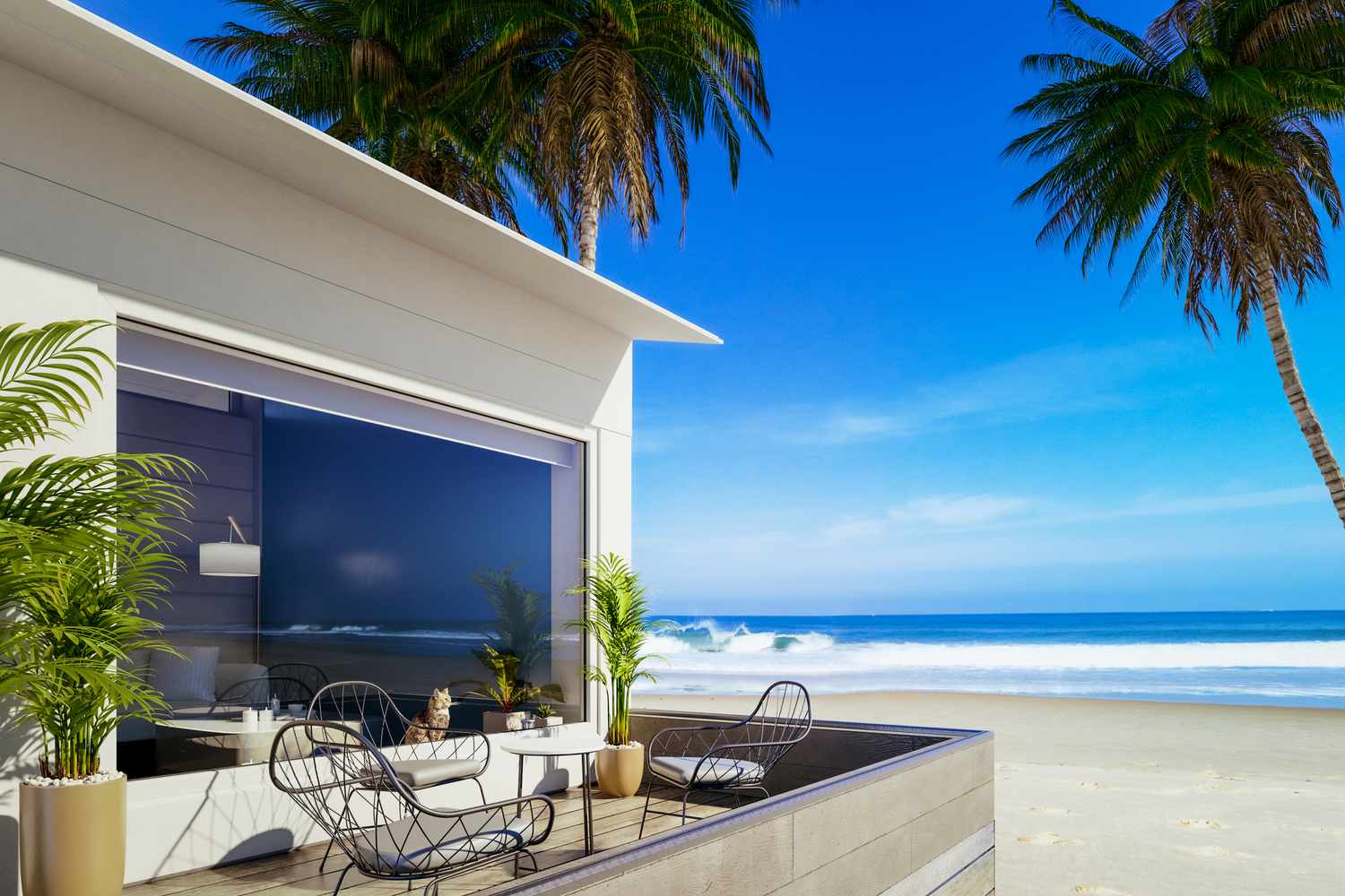 Modern house with patio on the beach. 