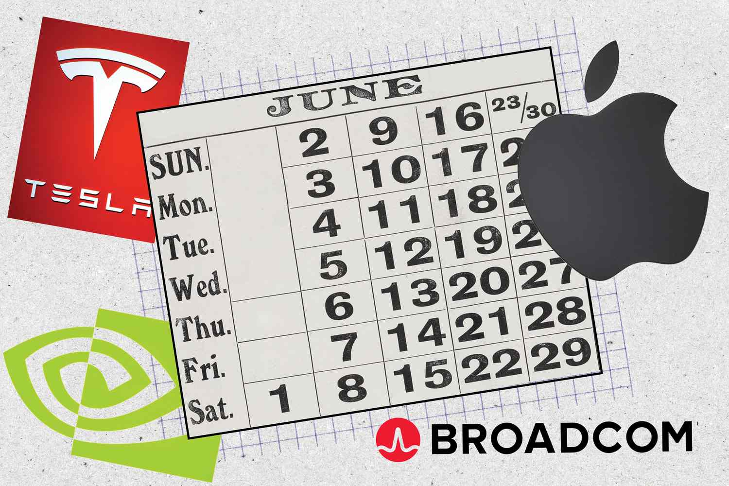 Photo illustration of Tesla, Nvidia and Apple logos alongside a calendar for June. 