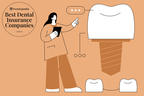 Illustration of a woman in lab coat pointing to giant dental implant, which is hovering over a gap between two other teeth