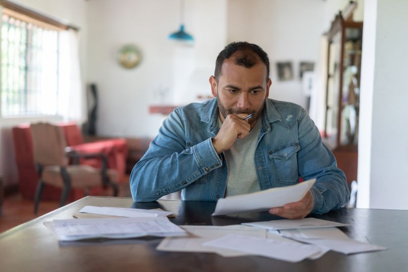 A worried unemployed person sits at a dining room table and shuffles through bills and bank statements.