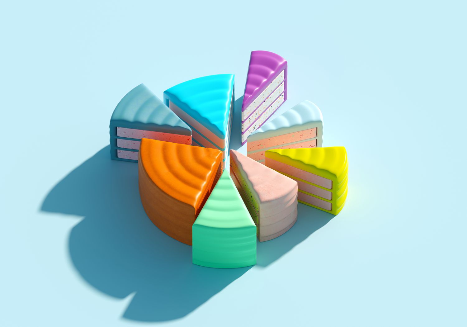 3-D multicolored pie chart of pie slices