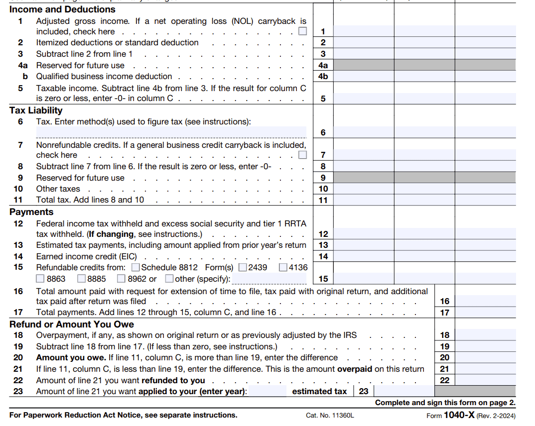 Form 1040-X (Bottom Portion)