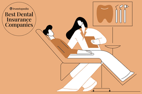 Illustration of dentist looking at patient in chair, with the words, "Investopedia, Best Dental Insurance Companies"