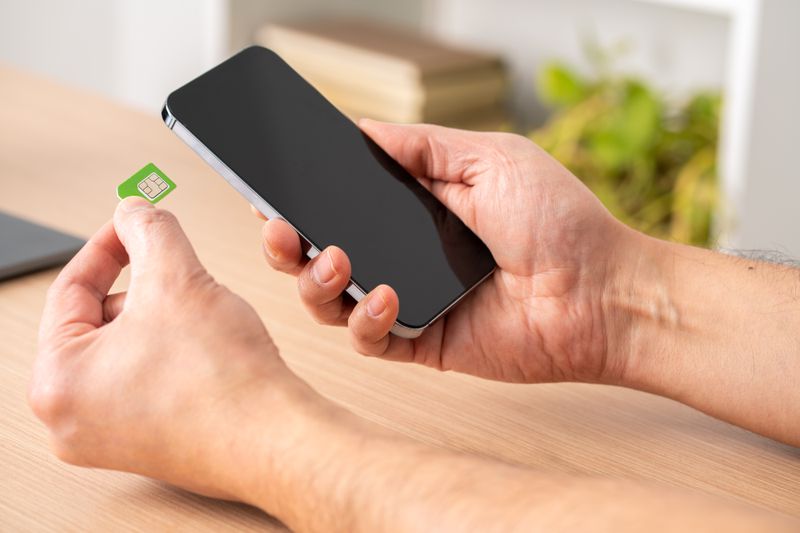 Hands holding a mobile phone and inserting a sim card into it.