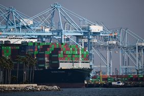 A cargo shipping container is docked at a terminal in Los Angeles. 