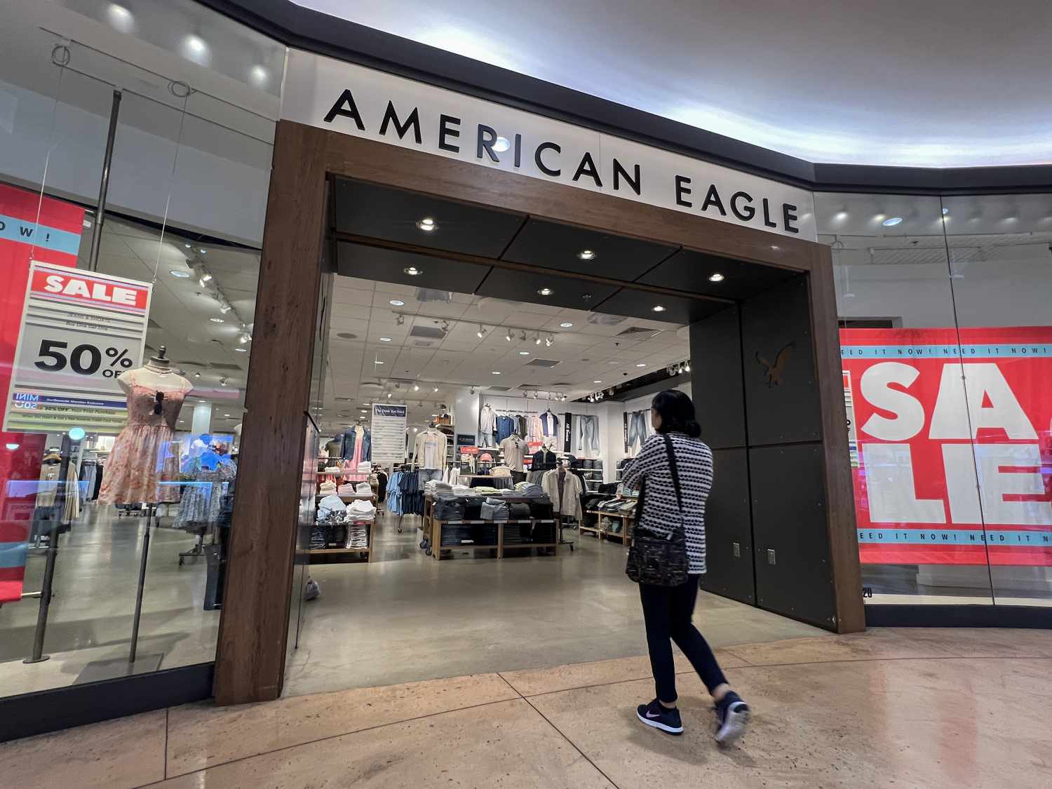 A customer enters an American Eagle store on April 04, 2025 in Miami, Florida. Shares of American Eagle Outfitters