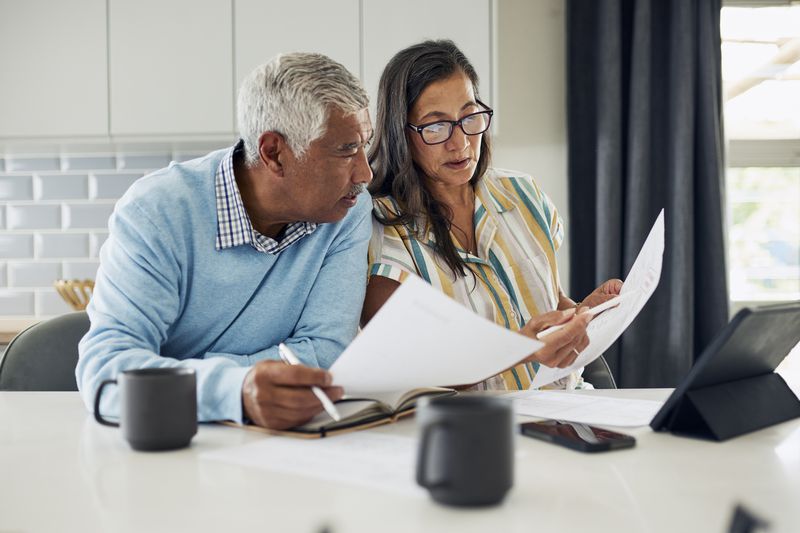Couple sitting at a table reviewing paperwork.