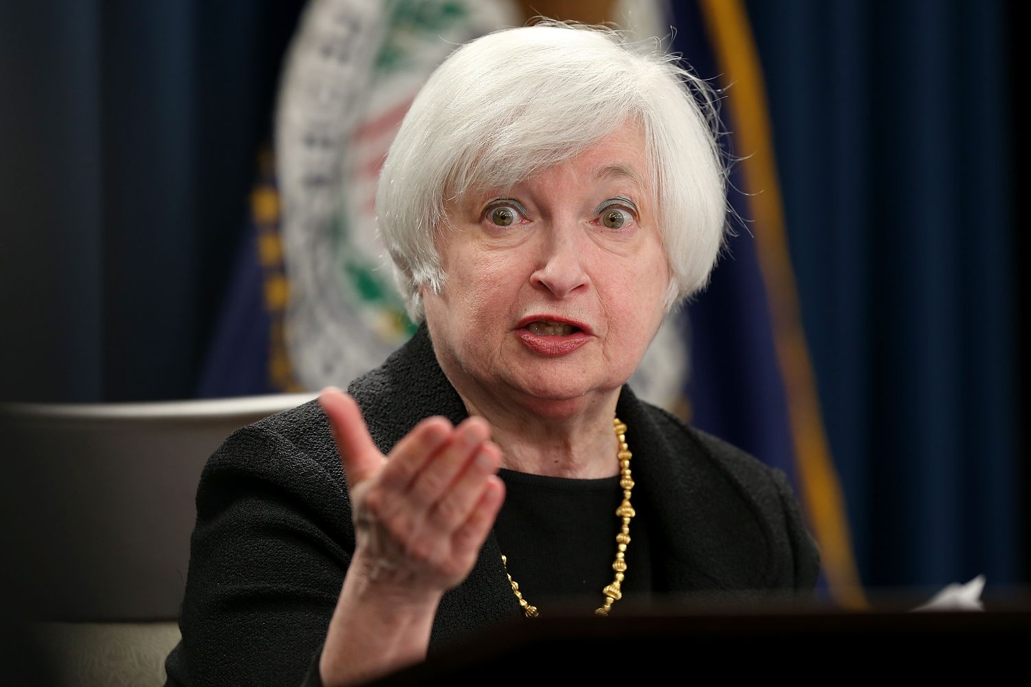 Federal Reserve Board Chairwoman Janet Yellen answers questions at a news conference following a Federal Open Market Committee meeting September 17, 2015 in Washington, DC. The committee reaffirmed its view that the current target range for the federal funds rate remains appropriate and that interest rates will remain unchanged.