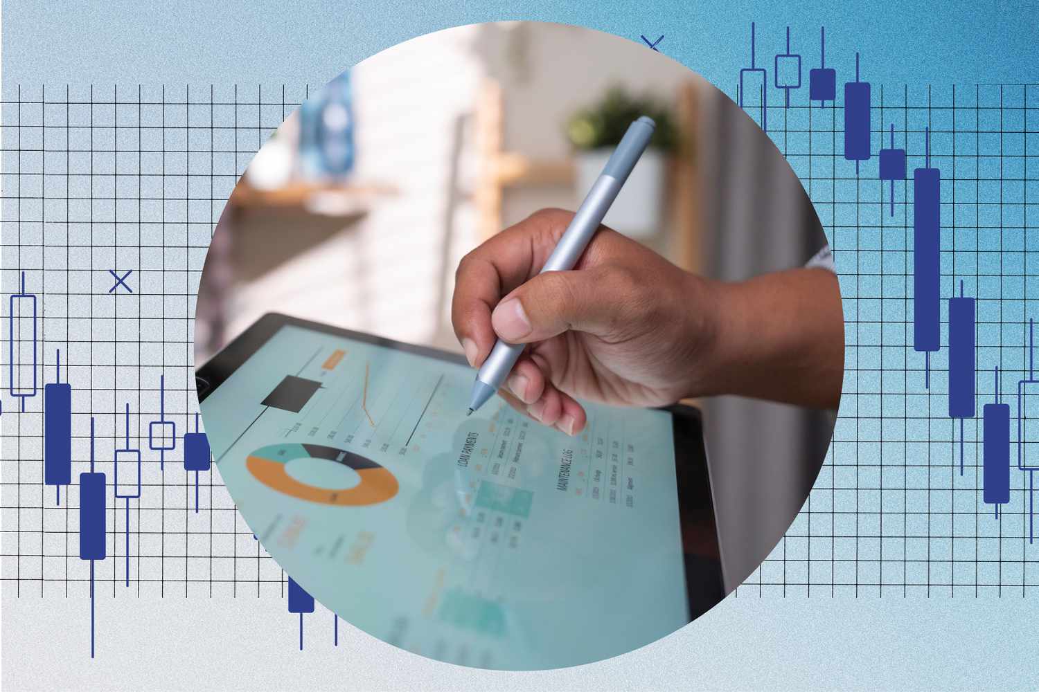 In this photo composite, an investor checks their portfolio in front of a stock chart. 