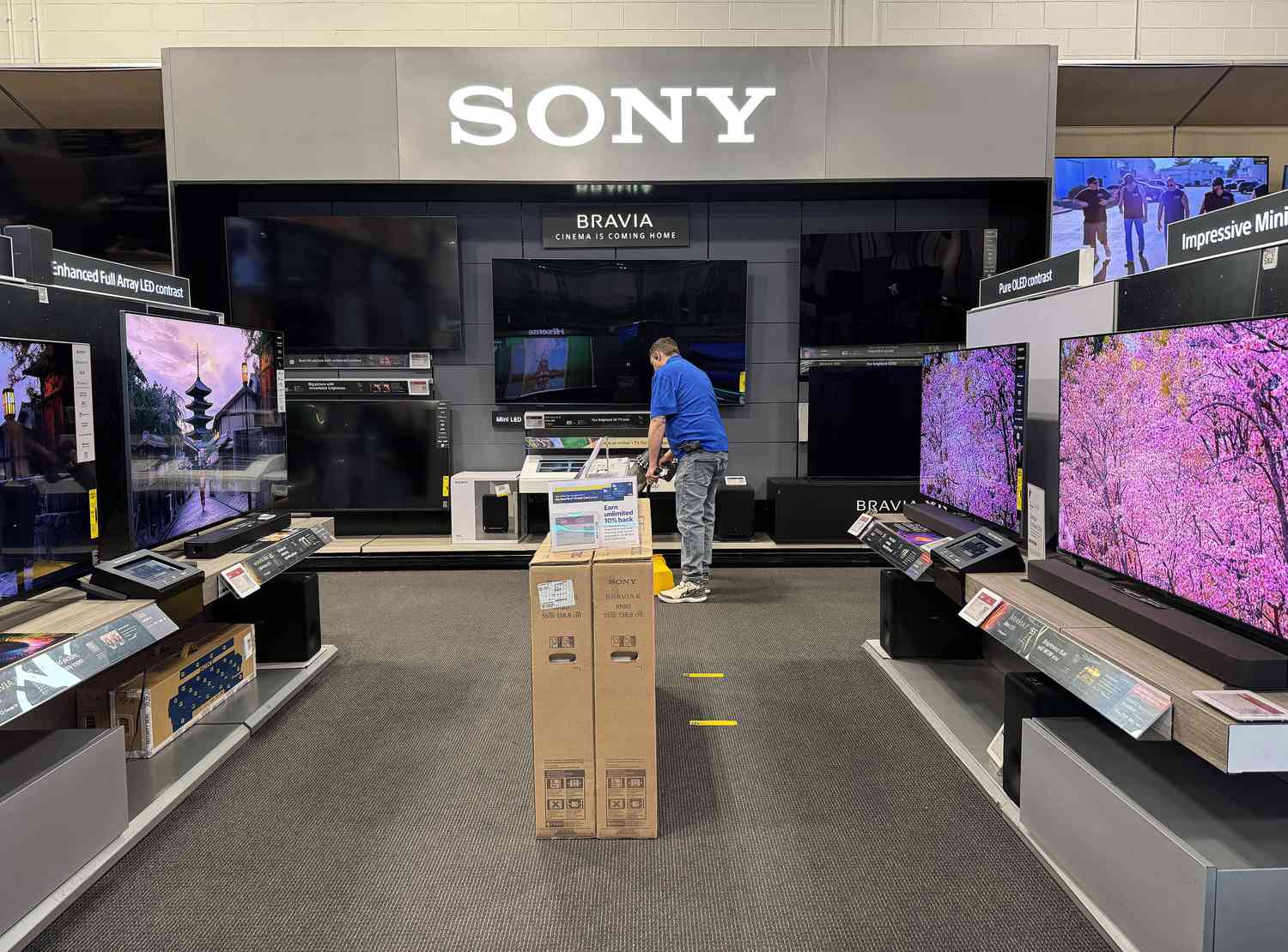 Sony televisions are displayed at a Best Buy store on March 31, 2025 in San Rafael, California. 