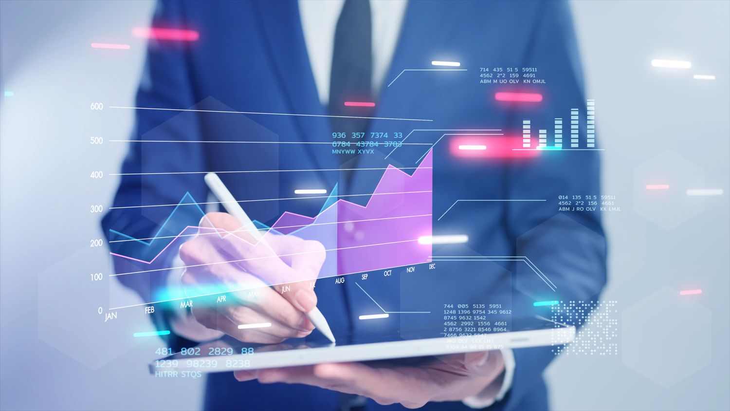 A stock investor in a suit analyzing dividend paying stocks on their tablet computer.