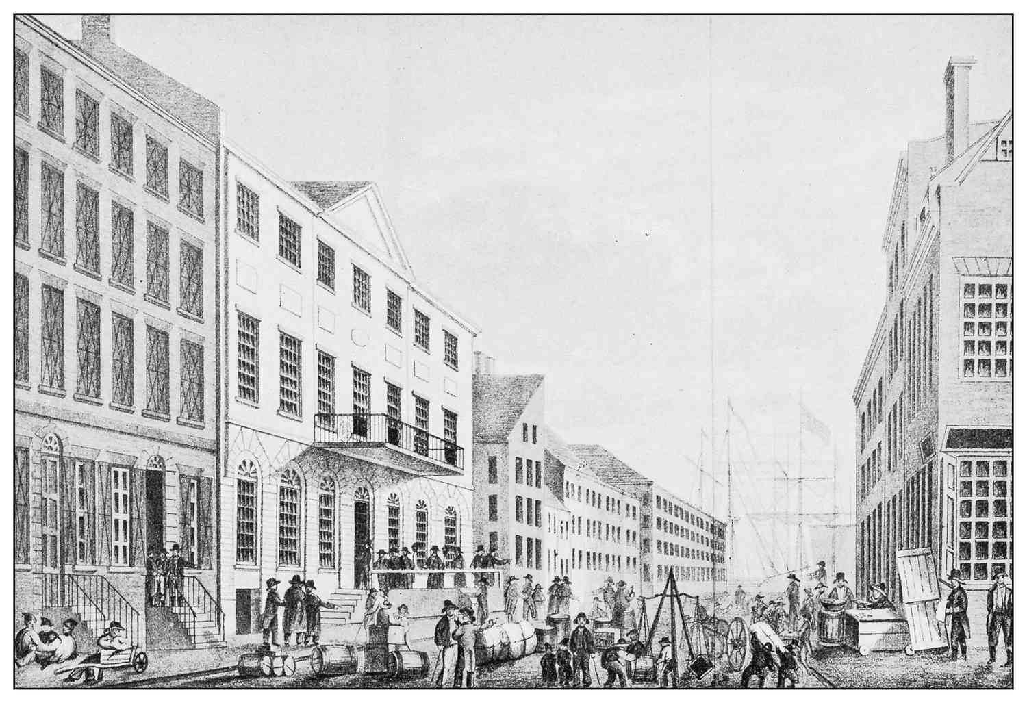 A historical image of New York's financial district showing a Tontine Building on Wall Street in 1797.