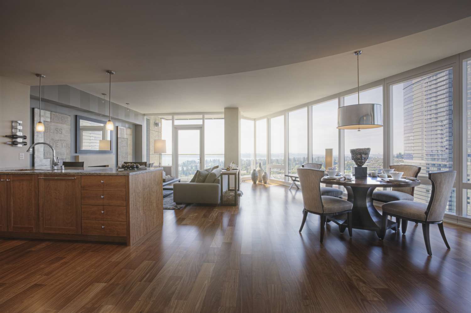Open floor plan in luxury highrise apartment