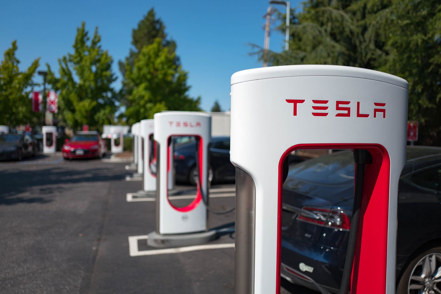 A parking lot with Tesla-brand charging stations