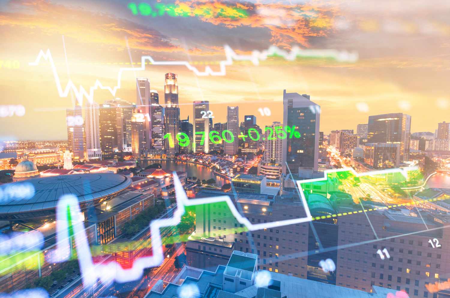 A city skyline overlaid with graphs and number