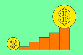 A bar chart with increasing segments, topped with dollar symbols