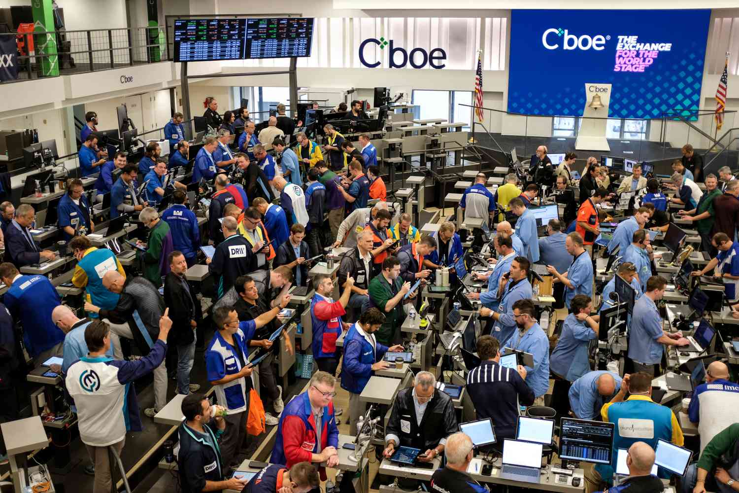 Traders work in the S&P options pit at the Cboe Global Markets exchange in Chicago, Illinois, on Wednesday, Aug. 28, 2024.