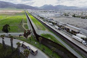 Trucks coming from Mexico enter the United States to an inspection station after crossing the border in Otay Mesa, California, on April 1, 2025.