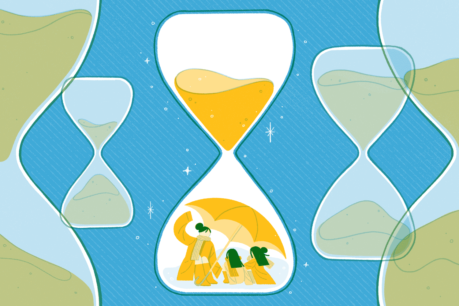 Illustration of a family huddled in a glass timer with sand.